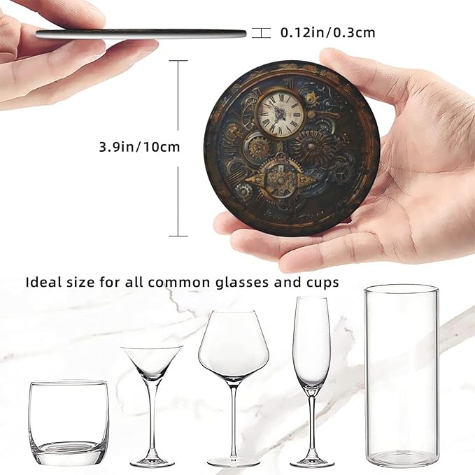 Steampunk Clocks Leather Drinks Coasters with Holder, Set of 6, Suitable for Various Cups