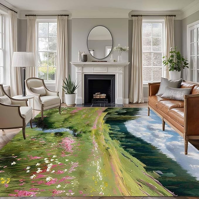 Area Rug 8x10ft, Watercolor Flowers Leaves Forest Meadow Washable Rugs for Living Room Bedroom, Oil Paint Texture Soft Non-Slip Area Rugs Rectangle Floor Carpet for Dining Room