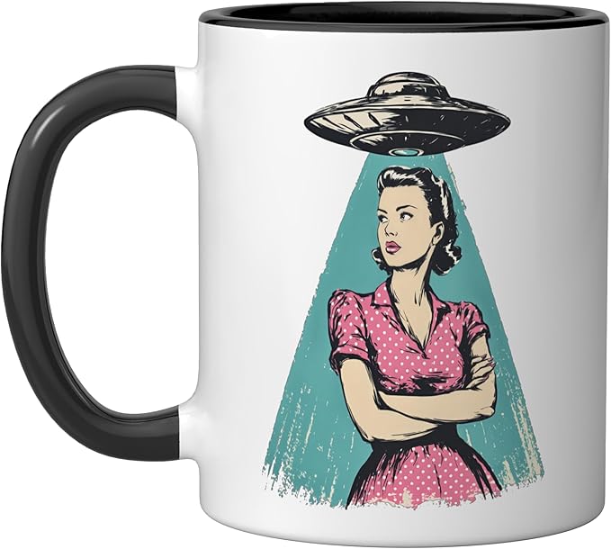 Retro 1950s UFO Pinup Woman Sci Fi Alien Design Ceramic Mug, Black/White