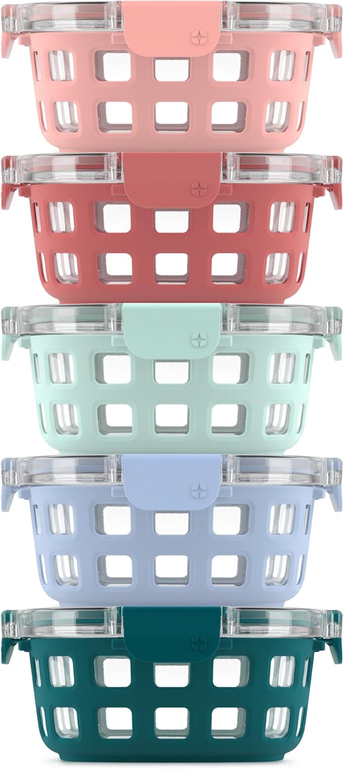 Ello Duraglass 3.4 Cup Round Meal Prep Sets 10Pc, 5 Pack Set- Glass Food Storage Container with Silicone Sleeve and Airtight BPA-Free Plastic Lids, Dishwasher, Microwave, and Freezer Safe, Melon