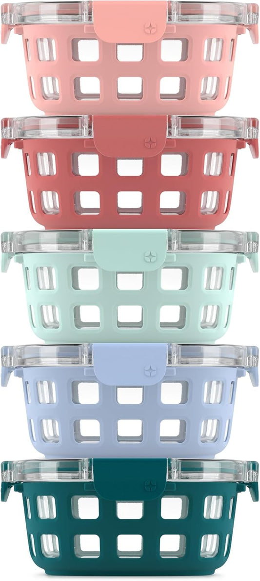 Ello Duraglass 3.4 Cup Round Meal Prep Sets 10Pc, 5 Pack Set- Glass Food Storage Container with Silicone Sleeve and Airtight BPA-Free Plastic Lids, Dishwasher, Microwave, and Freezer Safe, Melon