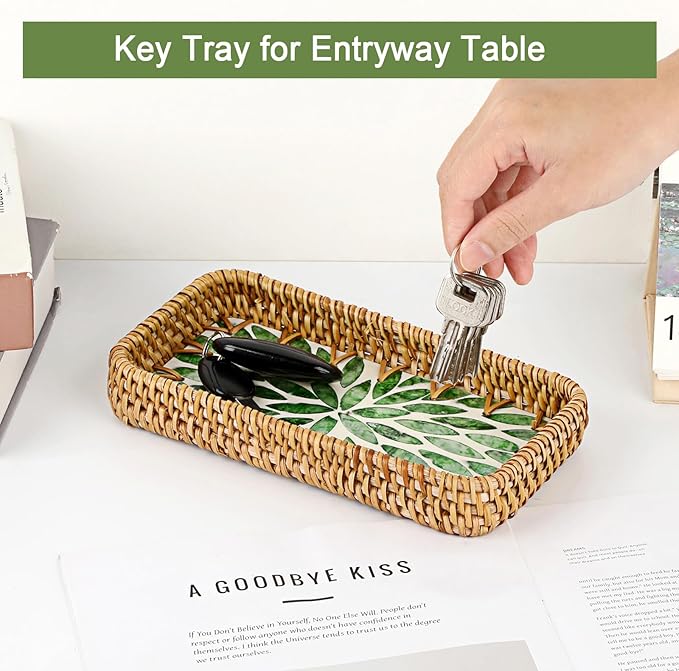 Decorative Key Basket Tray fot Entryway Table Woven Rattan Tray with Mother-of-Pearl Inlay Rectangular Wicker Display Basket for Jewlry, Green