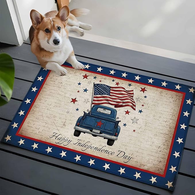 Area Rug 2x3ft, Happy Independence Day USA Flag Washable Rugs for Living Room Bedroom, Retro Blue Truck Soft Non-Slip Area Rugs Rectangle Floor Carpet for Dining Room