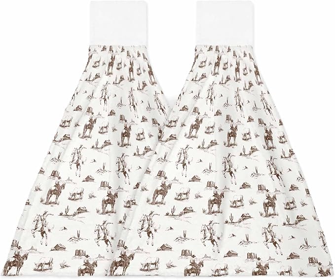 Alandar Home Kitchen Tie Towel Set of 2, Vintage Brown Cactus Horse on Beige Absorbent Soft Hand Towels for Bathroom Hanging Towels, Western Cowboy Desert Fast Drying Cleaning Cloth with Loop