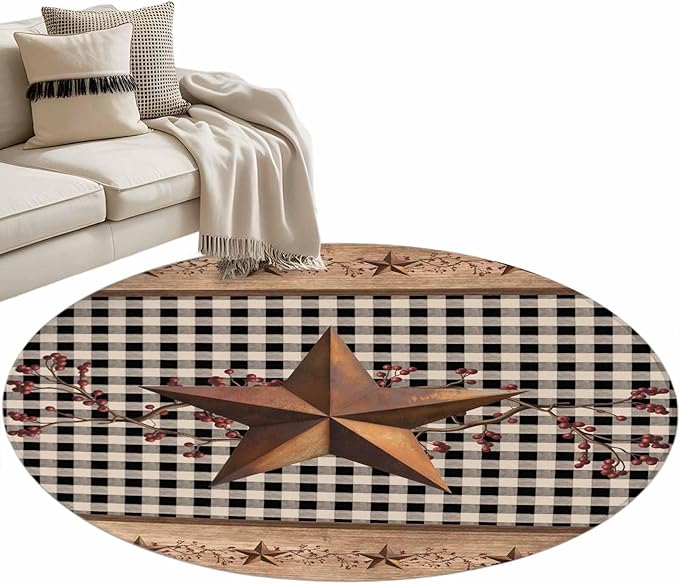 Brown Texas Star Retro 3.3ft Round Rug, Country Star Non-Skid Rubber Backing Large Area Rugs - Living Room Bedroom Home Office, Black White Plaid Wooden Indoor Floor Mat Carpets Washable Rug