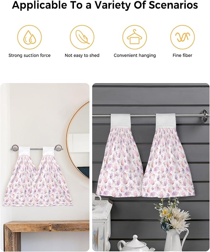 Alandar Home Kitchen Tie Towel Set of 2, Spring Watercolor Butterfly on White Absorbent Soft Hand Towels for Bathroom Hanging Towels, Pink Purple Insects Fast Drying Cleaning Cloth with Loop