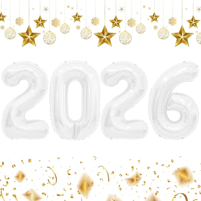 2026 Balloons, 2026 Number Balloons, 2026 White Balloon, Foil Happy New Year Balloon for New Year Eve Party Supplies 2026 Graduation Decorations Anniversary Birthday Home Office Decorations, 16 Inch