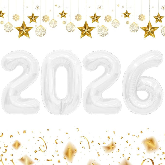 2026 Balloons, 2026 Number Balloons, 2026 White Balloon, Foil Happy New Year Balloon for New Year Eve Party Supplies 2026 Graduation Decorations Anniversary Birthday Home Office Decorations, 16 Inch