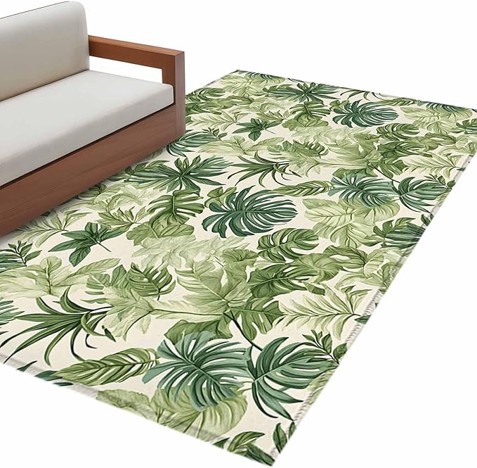 Area Rug 3x5ft, Green Palm Leaf Watercolor Washable Rugs for Living Room Bedroom, Summer Tropical Leaves Soft Non-Slip Area Rugs Rectangle Floor Carpet for Dining Room