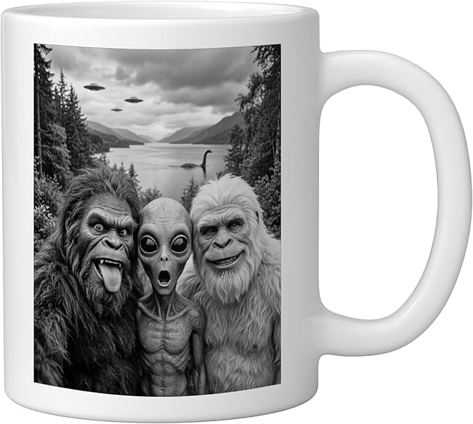Bigfoot Alien Loch Ness Monster UFO Selfie Funny Cryptid Art Ceramic Mug, White