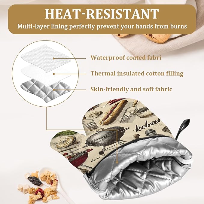 Funny Barbecue Food Grill Oven Mitts and Pot Holders Sets 4Pcs Kabobs Silicone Kitchen Gloves Heat Resistant Potholders for Baking Cooking Grilling BBQ
