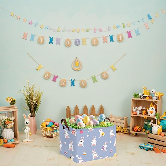 Kid Large Empty Easter Basket Gift Personalized Fabric Bunny Easter Basket for Boy and Girl Room Decor Storage Bin (Cute Rabbit Holding Easter Egg)