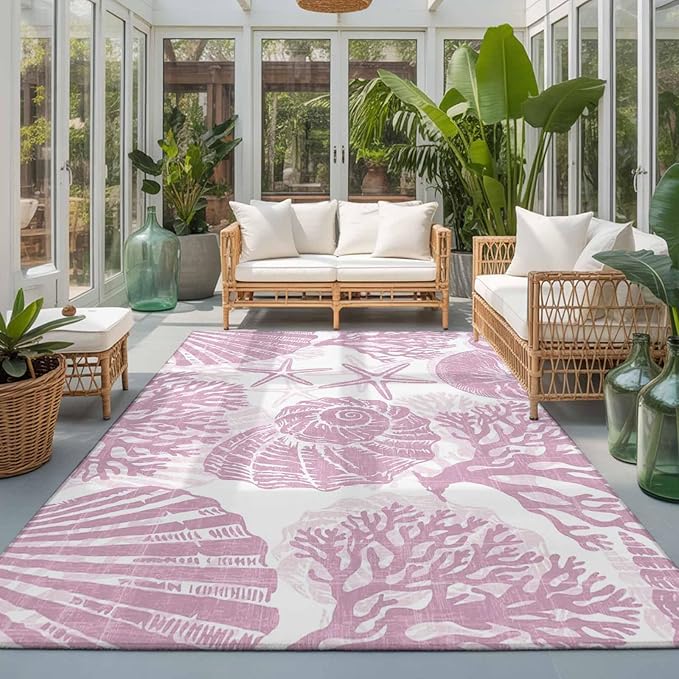 Area Rug 3x5ft, Watercolor Summer Marine Creature Washable Rugs for Living Room Bedroom, Pink Starfish Shell Conch Soft Non-Slip Area Rugs Rectangle Floor Carpet for Dining Room