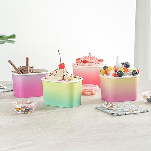 Restaurantware Paper Cups 200 Count 12 Ounce Square Disposable Ice Cream Containers, Leak-Resistant Paper Dessert To Go Cups, Hot And Cold Food, Durable Assorted Ombre Design