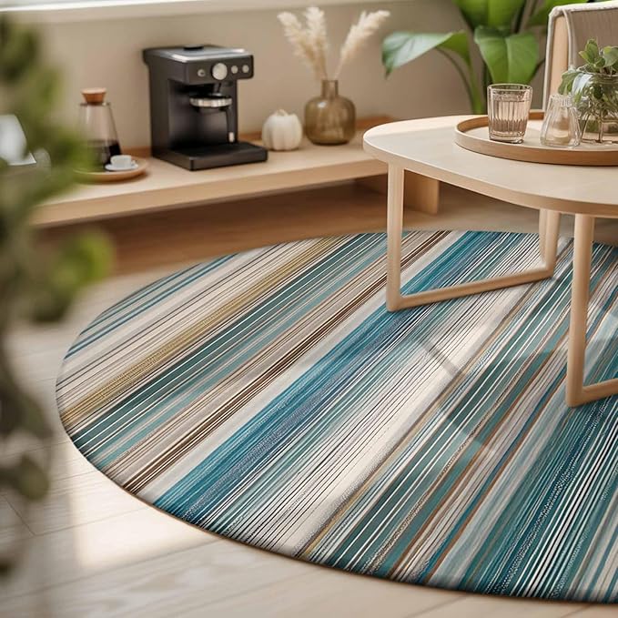 Washable Round Area Rug Minimalist Vertical Stripes Circle Rugs Floor Carpet for Living Room Bedroom, Retro Boho Lines Soft Non Slip Round Rug 3ft