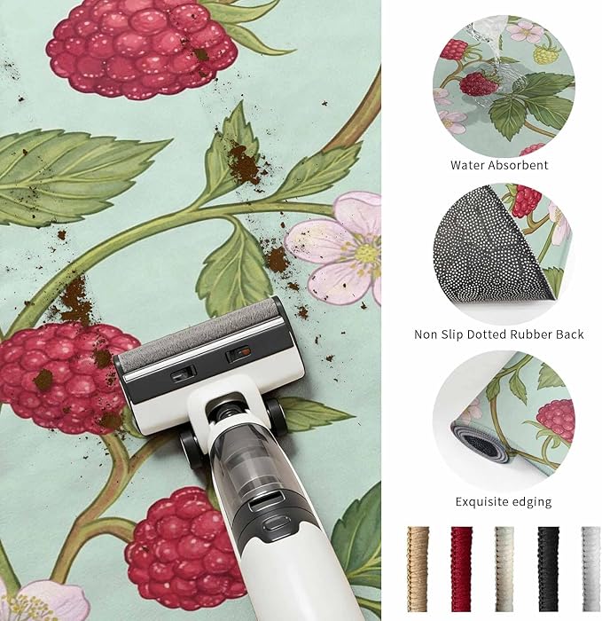 Area Rug 3x5ft, Farmhouse Berry Red Pink Blossoms Flower Washable Rugs for Living Room Bedroom, Green Leaves Soft Non-Slip Area Rugs Rectangle Floor Carpet for Dining Room