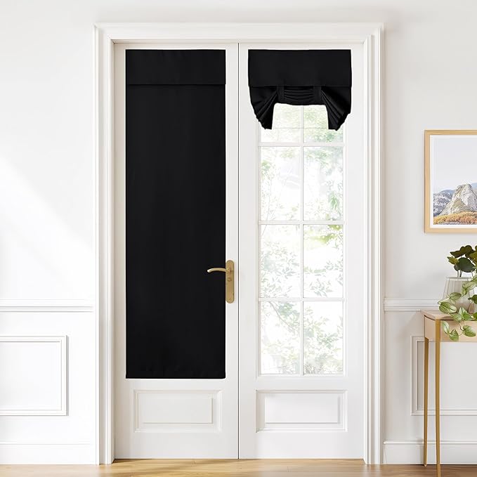 NICETOWN Black Door Curtain for French Front, Thermal Insulated Privacy Blackout Door Tie Up Shade for Indoor Glass Window Kitchen Patio Glass, 22 x 72 Inches Long, 1 Panel