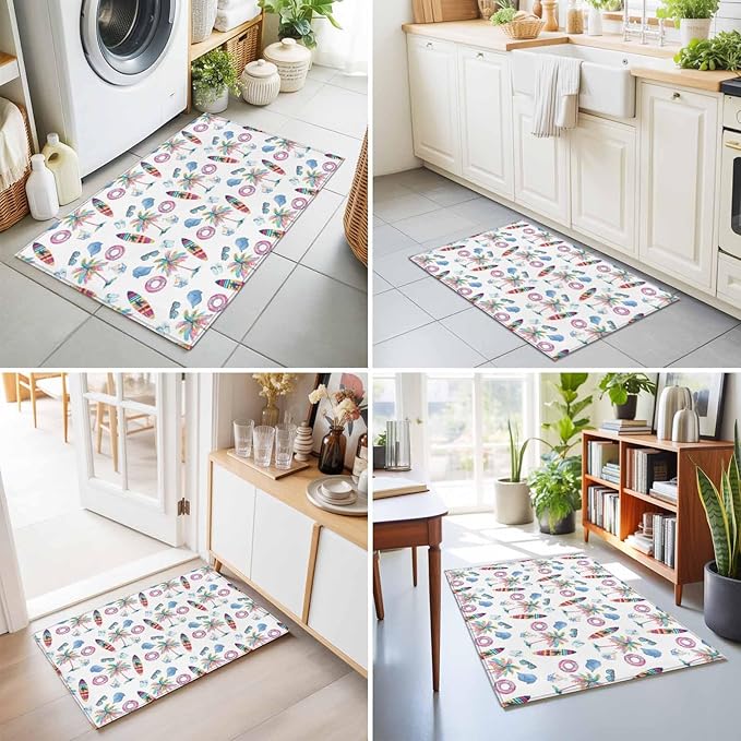 Area Rug 2x3ft, Summer Surfboard Coconut Tree Washable Rugs for Living Room Bedroom, Tropical Seamless Pattern Soft Non-Slip Area Rugs Rectangle Floor Carpet for Dining Room