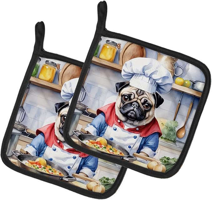 Caroline's Treasures Pug The Chef Pair of Pot Holders Kitchen Heat Resistant Pot Holders Sets Oven Hot Pads for Cooking Baking BBQ, 7 1/2 x 7 1/2