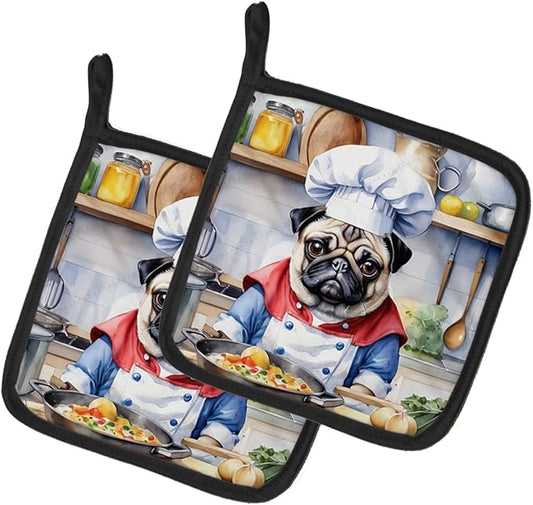 Caroline's Treasures Pug The Chef Pair of Pot Holders Kitchen Heat Resistant Pot Holders Sets Oven Hot Pads for Cooking Baking BBQ, 7 1/2 x 7 1/2
