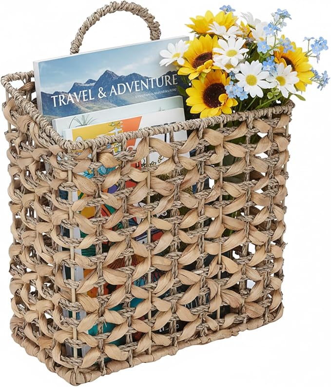 Magazine Holder, Woven Magazine Rack, Hanging Wall Basket with Handle, Rattan File Holder, Wall Mounted Storage Basket for Letters, Magazines, Books, Newspapers, Home & Office Organizer