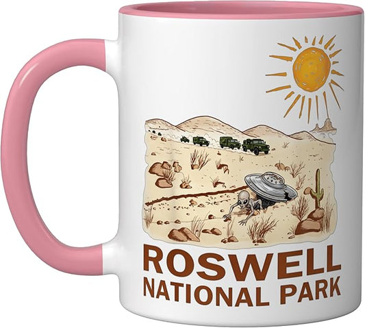 Roswell National Park UFO Flying Saucer Crash 1947 UAP Alien Ceramic Mug, Pink/White