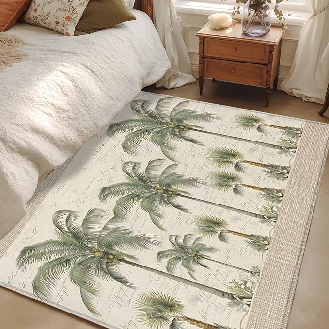 Area Rug 3x5ft, Coastal Tropical Olive Green Palm Trees Washable Rugs for Living Room Bedroom, Classic Retro Linen Soft Non-Slip Area Rugs Rectangle Floor Carpet for Dining Room