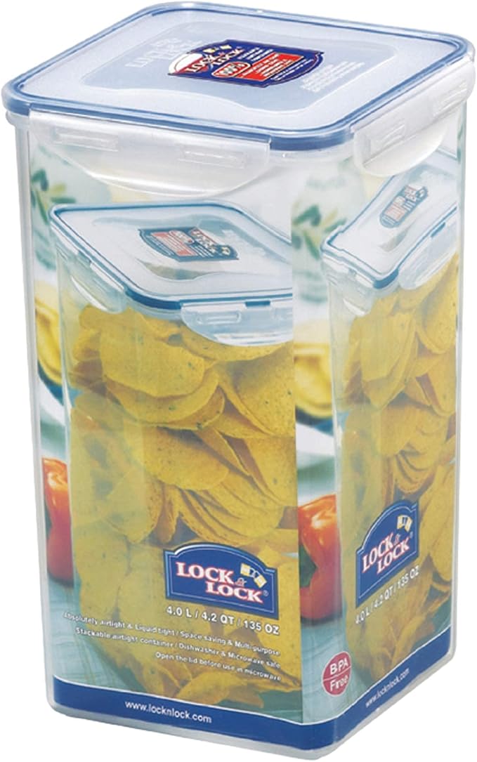 LOCK & LOCK Easy Essentials Food lids/Pantry Storage/Airtight containers, BPA Free, Square-16.9 Cup-for Chips, Clear (Pack of 3)