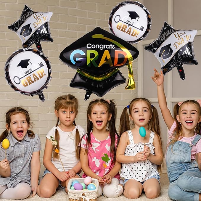 Graduation Cap Foil Balloons 26 inch Congratulations Mylar Balloons Class of 2025 College High School Preschool Kindergarten Graduation Decorations Supplies 5Pcs