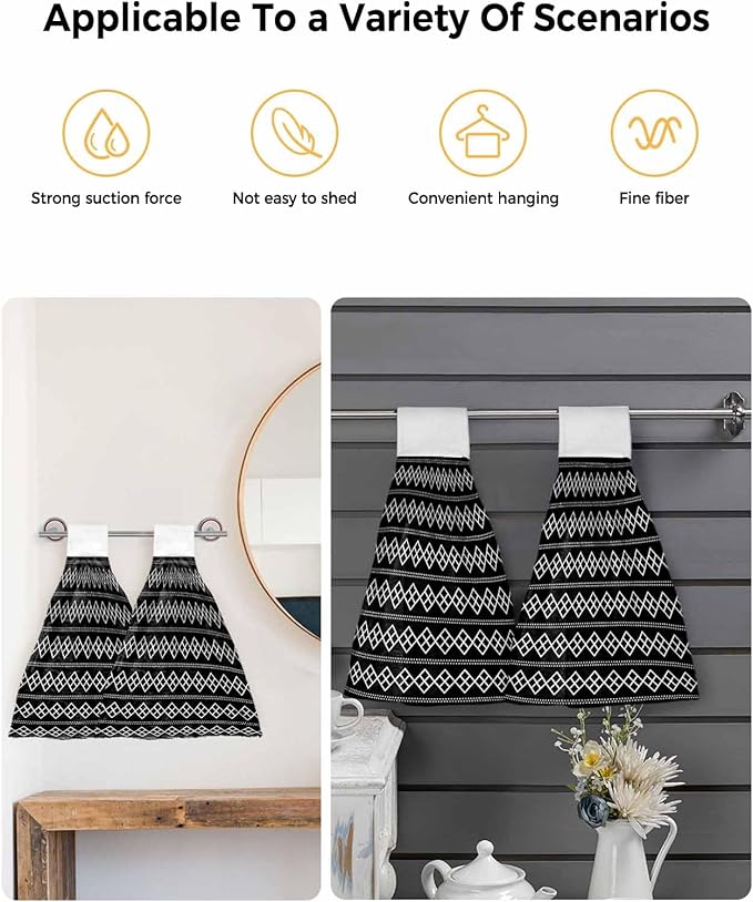 Alandar Home Kitchen Tie Towel Set of 2, Black White Minimalist Geometric Art Absorbent Soft Hand Towels for Bathroom Hanging Towels, Modern Square Dotted Line Fast Drying Cleaning Cloth with Loop
