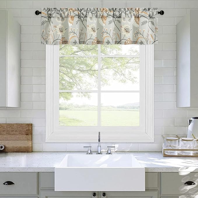 Leeva Rustic Kitchen Valances for Windows - Linen Textured Decorative Rod Pocket Curtain, Farmhouse Light Filtering Window Treatment for Bedroom Living Room, 52" W x 12" L, 1 Panel