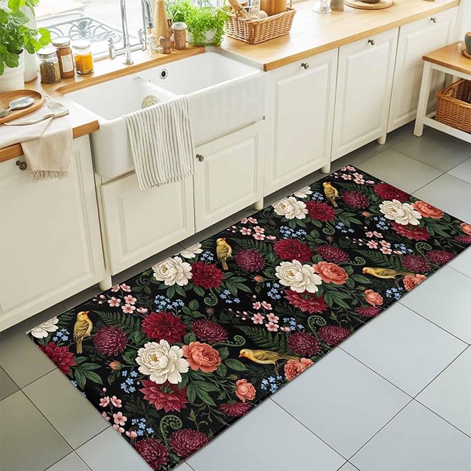 Runner Rug for Bedroom Hallway, Pastoral Colorful Flower Leaf Kitchen Runner Rugs Area Rug 2x6ft, Country Blossom Floral Bird Washable Soft Floor Carpet for Entryway Stair