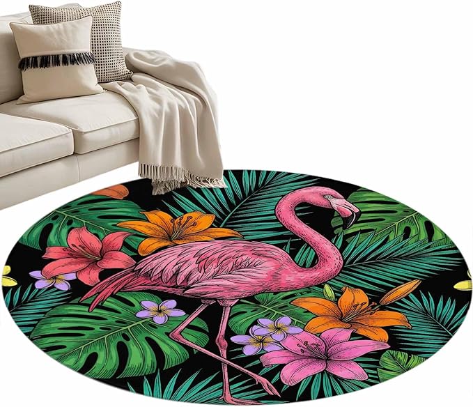 Washable Round Area Rug Pink Flamingos Tropical Leaf Circle Rugs Floor Carpet for Living Room Bedroom, Colorful Lily Blossom Floral Soft Non Slip Round Rug 3ft