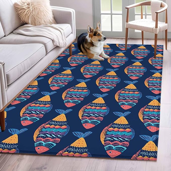 Area Rug 4x6ft, Ethnic Style Ocean Fish Washable Rugs for Living Room Bedroom, Watercolor Marine Life on Navy Blue Soft Non-Slip Area Rugs Rectangle Floor Carpet for Dining Room