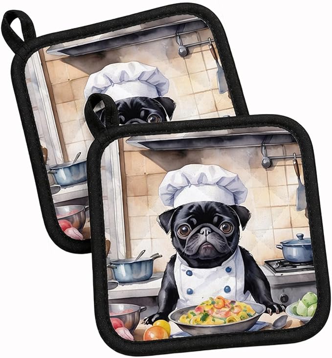 Caroline's Treasures Pug The Chef Pair of Pot Holders Kitchen Heat Resistant Pot Holders Sets Oven Hot Pads for Cooking Baking BBQ, 7 1/2 x 7 1/2