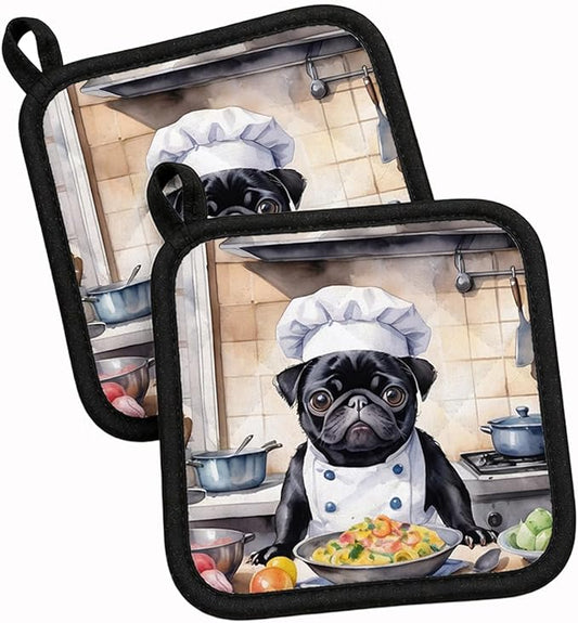Caroline's Treasures Pug The Chef Pair of Pot Holders Kitchen Heat Resistant Pot Holders Sets Oven Hot Pads for Cooking Baking BBQ, 7 1/2 x 7 1/2