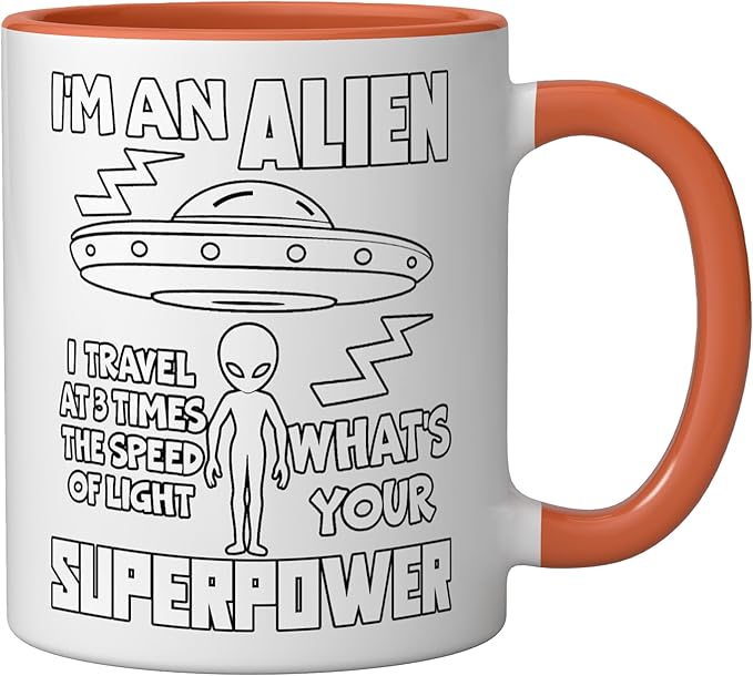 I'm An Alien Silhouette First Contact Space Apparel Ceramic Mug, Orange/White