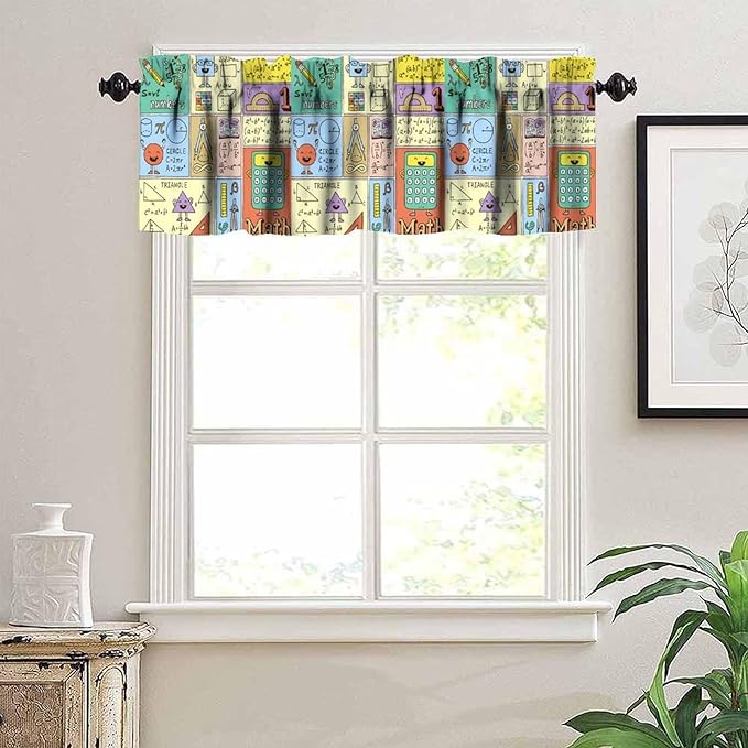Fun Math Valance, Kids Fun Mathematics Educational Study Learning Small Window Drapes for Kitchen Bedroom School Classroom Decor, 54x18Inch