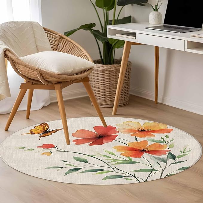 Washable Round Area Rug Summer Watercolor Flower Butterfly Circle Rugs Floor Carpet for Living Room Bedroom, Green Leaves Retro Linen Soft Non Slip Round Rug 3ft