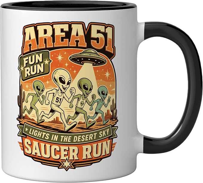 Area 51 Fun Run Saucer Run Alien Ceramic Mug, Black/White