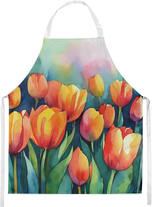Caroline's Treasures Tulips in Watercolor Apron Cooking Kitchen Server Baking Crafts Gardening for Adult Women Men, Unisex, Large, Multicolor