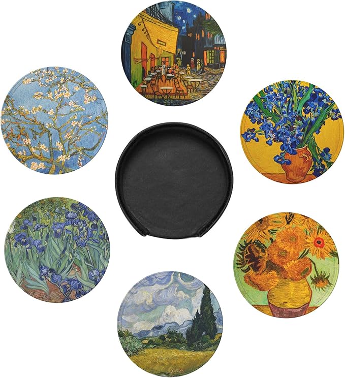 Van Gogh Art Leather Drinks Coasters with Holder, Set of 6, Suitable for Various Cups