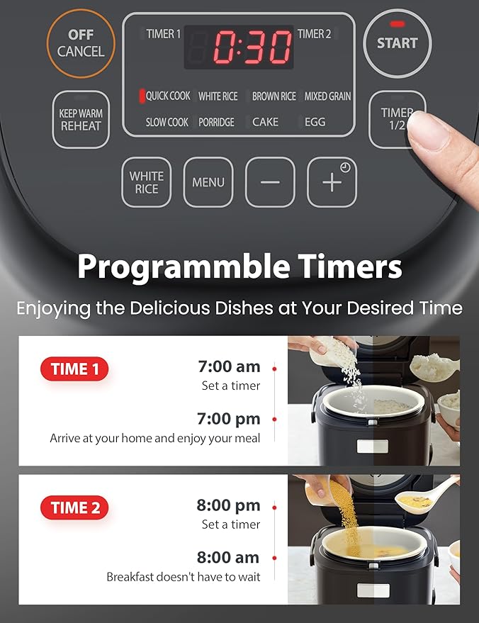 TOSHIBA Rice Cooker Small 3-Cup Uncooked– LCD Display with 8 Cooking Functions: Rice, Oatmeal, Mixed Grains and More, NonStick Inner Pot, Grey