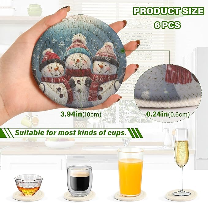 YETTASBIN Christmas Snowman 6 Pcs Drink Coasters with Holder, Cotton Woven Absorbent Heat-Resistant Round Coaster Set Tabletop Protector for Kitchen Bar Home Decor Housewarming Gift, 3.9 in