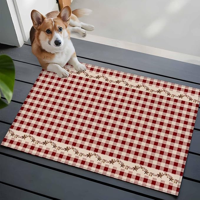 Area Rug 2x3ft, Vintage Red Buffalo Plaid Berry Washable Rugs for Living Room Bedroom, Farmhouse Western Star Soft Non-Slip Area Rugs Rectangle Floor Carpet for Dining Room