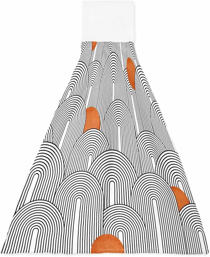 Alandar Home Kitchen Tie Towel Set of 1, Boho Abstract Black White Rounds Stripes Absorbent Soft Hand Towels for Bathroom Hanging Towels, Orange Polka Dots Fast Drying Cleaning Cloth with Loop