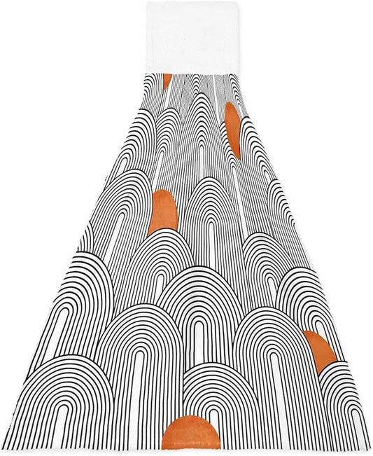 Alandar Home Kitchen Tie Towel Set of 1, Boho Abstract Black White Rounds Stripes Absorbent Soft Hand Towels for Bathroom Hanging Towels, Orange Polka Dots Fast Drying Cleaning Cloth with Loop