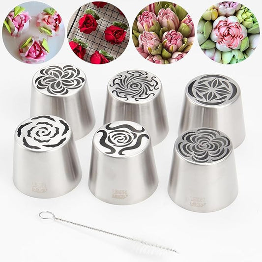 Extra Large Russian Piping Tip Set - 6 Stainless Steel Marshmallow Buttercream Framing Nozzles for 3D Roses Tulip Cake Decorations and Marshmallow Bouquets, Includes 1 Cleaning Brush(6F)