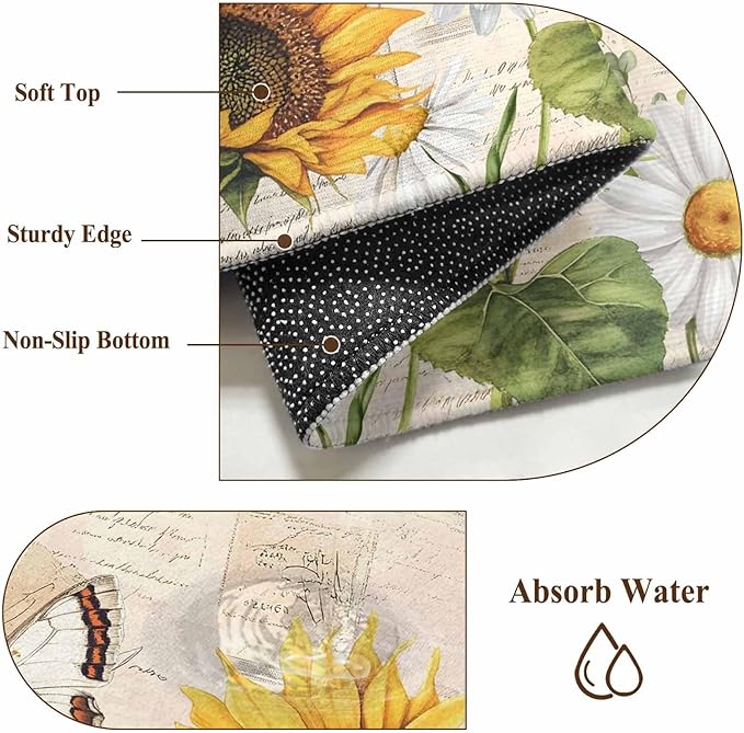 Sunflower Farmhouse 2x6 Kitchen Runner Rug, Retro Floral Butterflies Non-Skid Rubber Backing Large Rectangle Rugs - Living Room Bedroom Home Office, Spring Summer Indoor Floor Mat Carpets Washable Rug