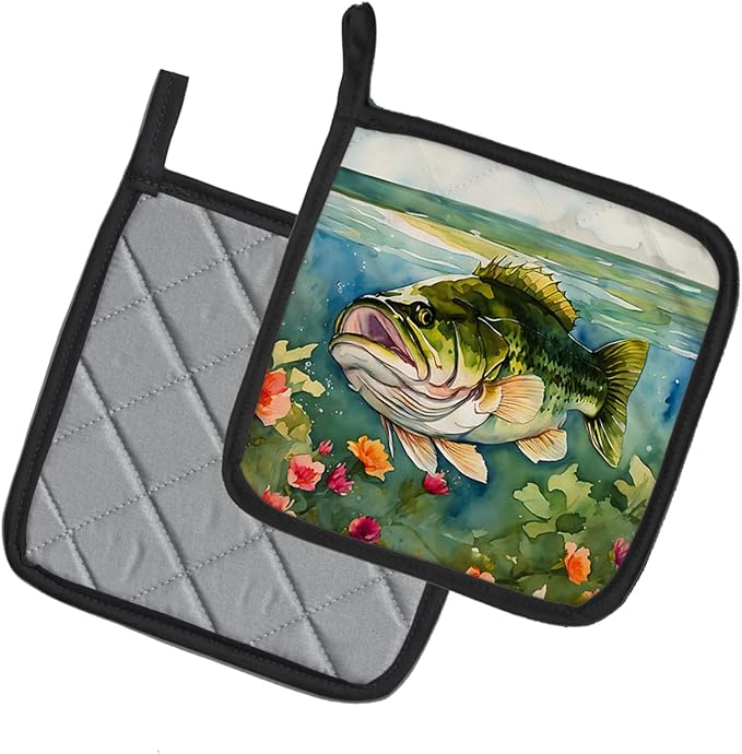 Caroline's Treasures Largemouth Bass Pair of Pot Holders Kitchen Heat Resistant Pot Holders Sets Oven Hot Pads for Cooking Baking BBQ, 7 1/2 x 7 1/2